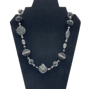 Black Beaded Necklace Costume Jewelry Stones 11" Faux Leather Square Round